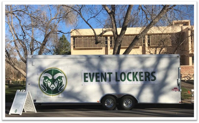 Locker Trailer Side with EVENT LOCKERS banner and CSU Rams Head Logo parked on the street.